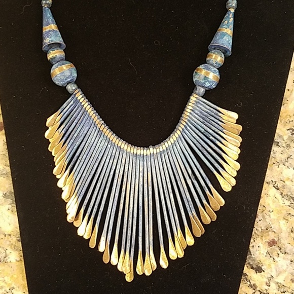 Boho Blue & gold tipped drop necklace GUC NWT - Picture 5 of 8